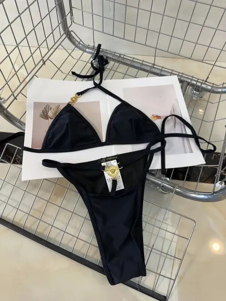 Versace Iconic Greca Pattern Blue Yellow Triangle Bikini Set - 3