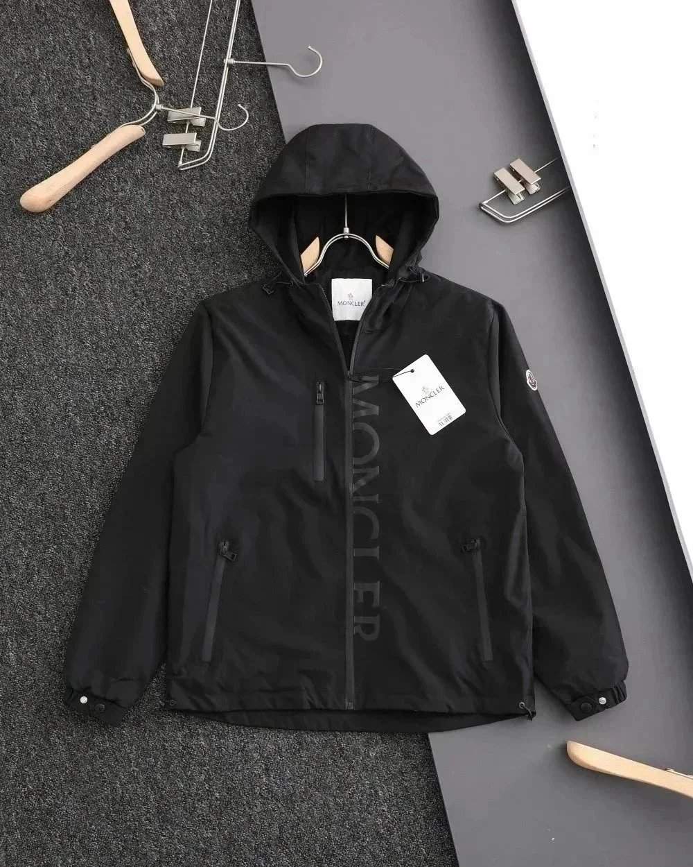 Moncler Jackets Hooded Zip-Up Jacket with Logo Print — Black with cotton lining