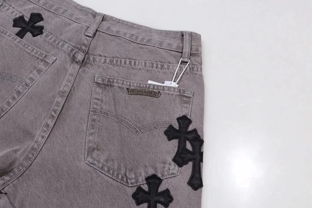 Chrome Hearts x Custom Distressed Cross-Embroidered Beige Jeans - 11