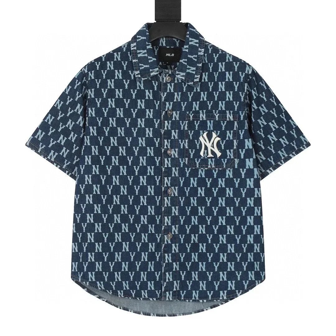 MLB New York Yankees All-Over Logo Denim Shirt Light Blue - 11