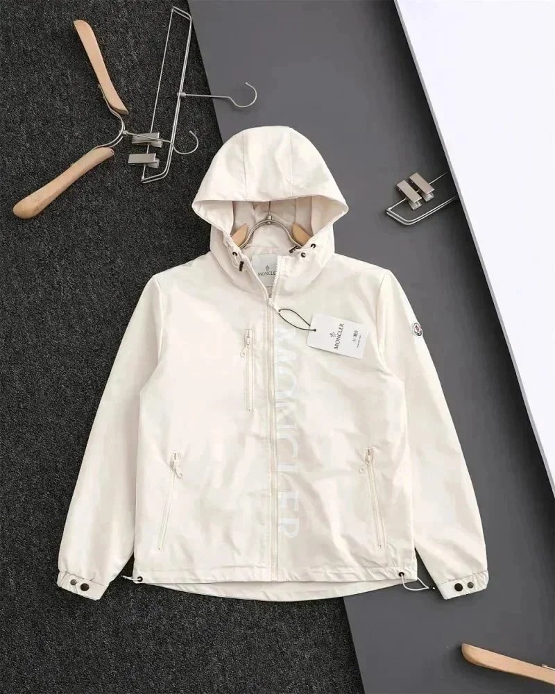 Moncler Jackets Hooded Zip-Up Jacket with Logo Print — white