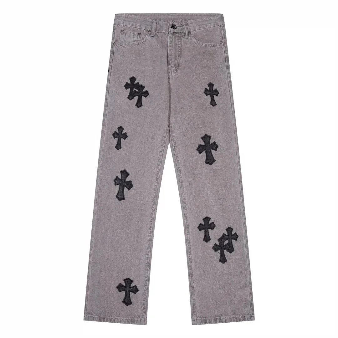 Chrome Hearts x Custom Distressed Cross-Embroidered Beige Jeans - 4