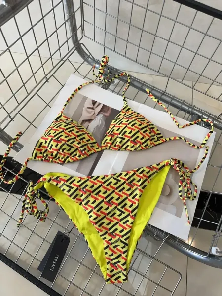 Versace Iconic Greca Pattern Blue Yellow Triangle Bikini Set - 10