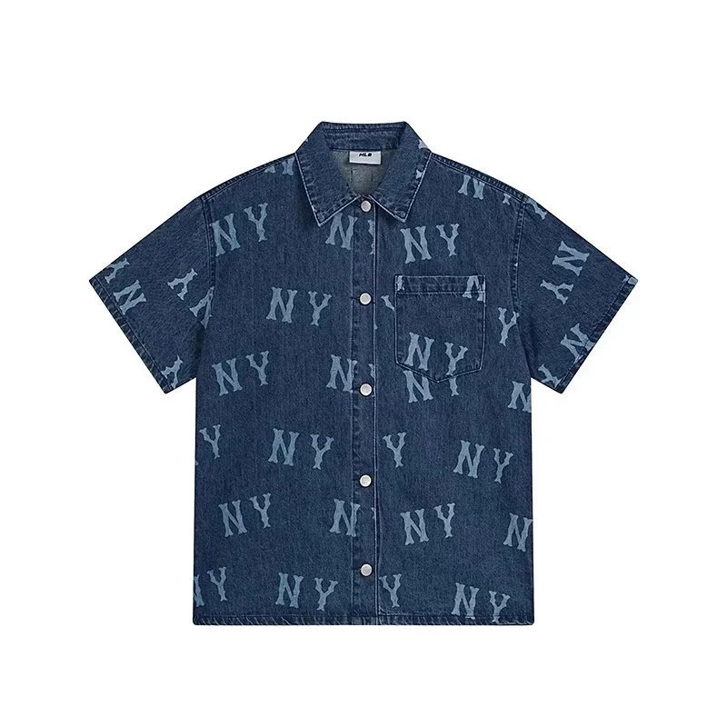 MLB New York Yankees All-Over Logo Denim Shirt Light Blue - 7