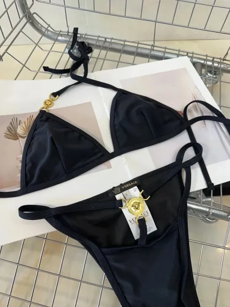Versace Iconic Greca Pattern Blue Yellow Triangle Bikini Set - 4