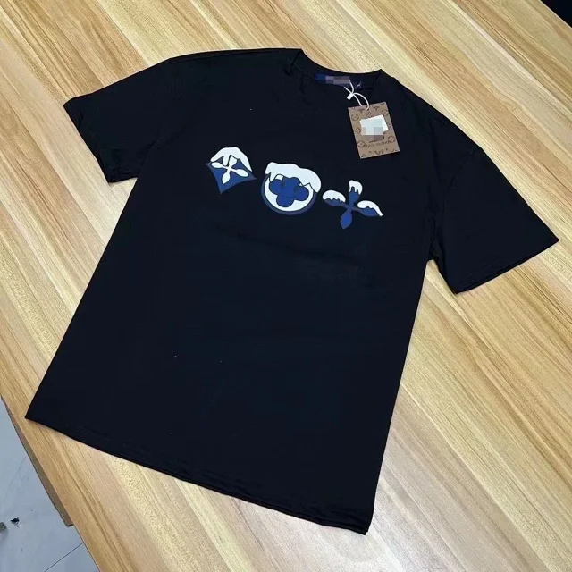 Louis Vuitton T-Shirts Short-Sleeve Crewneck T-Shirt with Blue Floral Motif Print product detail image 2
