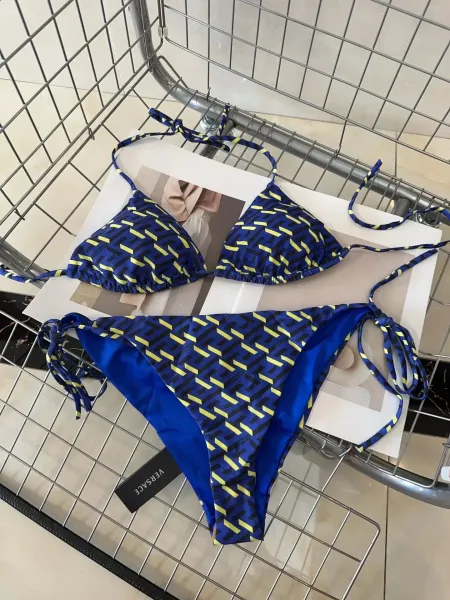 Versace Iconic Greca Pattern Blue Yellow Triangle Bikini Set - 9