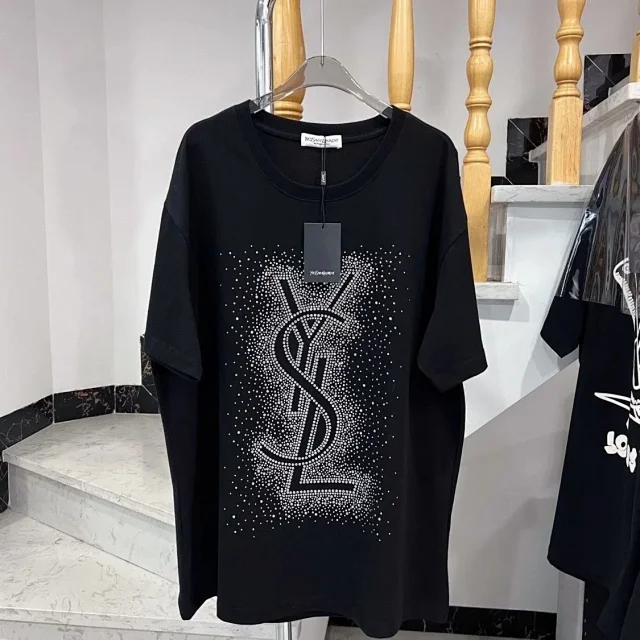 Saint Laurent T-Shirts Rhinestone Monogram Oversized T-Shirt product detail image 2