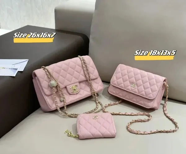 Chanel Classic Flap Bag Set in Pink Quilted Lambskin with Gold Hardware - 1