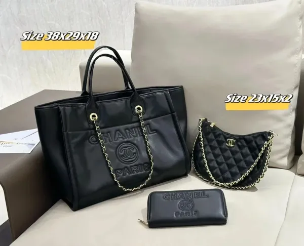 Chanel Deauville Tote Black Leather Handbag with Chain Strap - 1