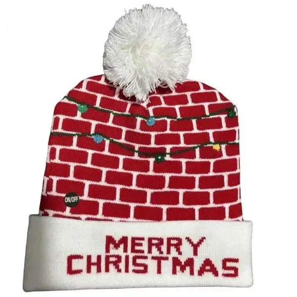 Light-Up Brick Wall Beanie with Pom-Pom and Merry Christmas Cuff - 1