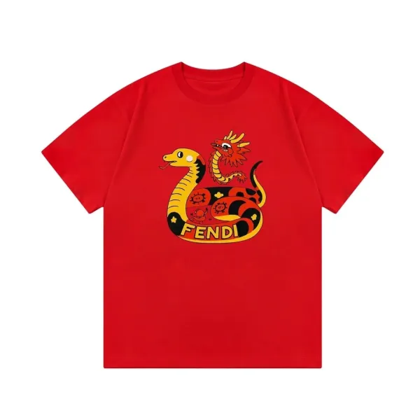 Fendi Snake and Dragon Graphic Print Red T-Shirt - 1