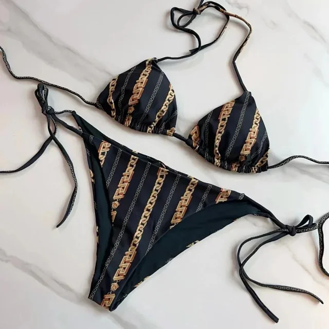 Versace Swimwear Triangle string bikini set with baroque and chain prints product detail image 2