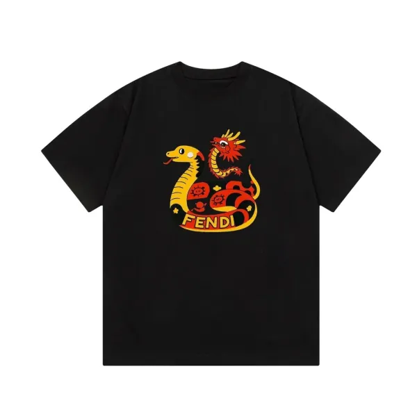 Fendi Snake and Dragon Graphic Print Black T-Shirt - 1