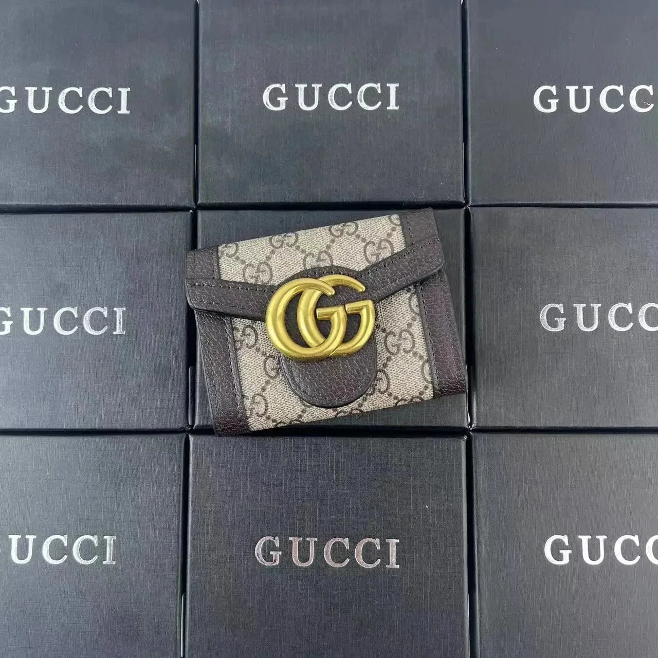 Gucci GG Marmont Mini Wallet Beige and Brown Coated Canvas with Gold-Tone Hardware
