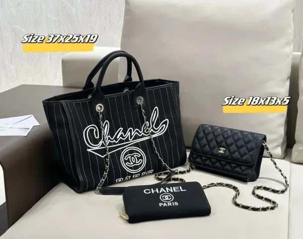 Chanel Deauville Tote Black Pinstripe Handbag with Quilted Chain Wallet and Cardholder - 1