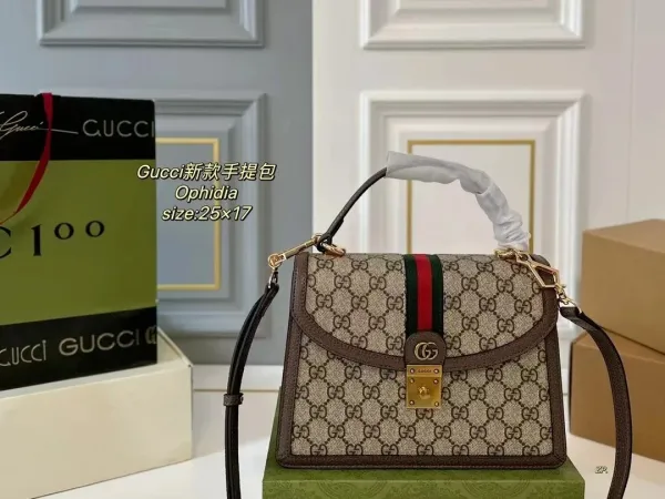 Gucci Ophidia GG Canvas Top Handle Bag Beige Brown - 1
