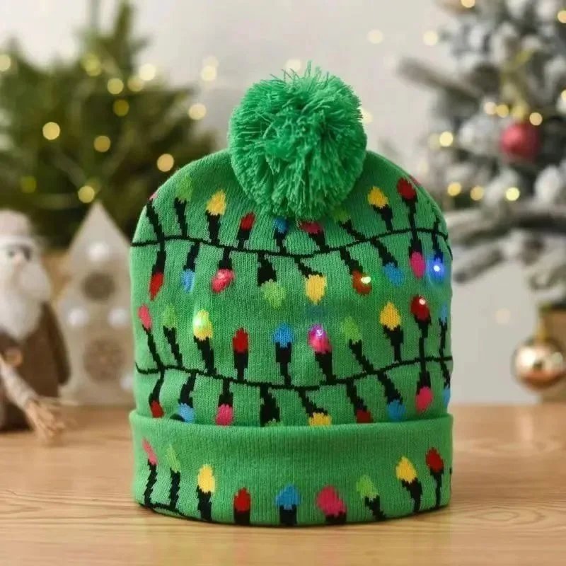 LED Light-Up Christmas Lights Beanie Green