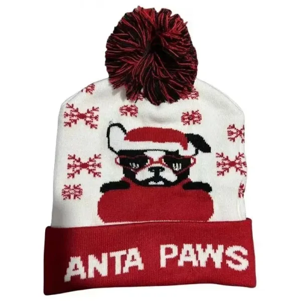 Santa Paws Knit Beanie with Pom-Pom White Red - 1