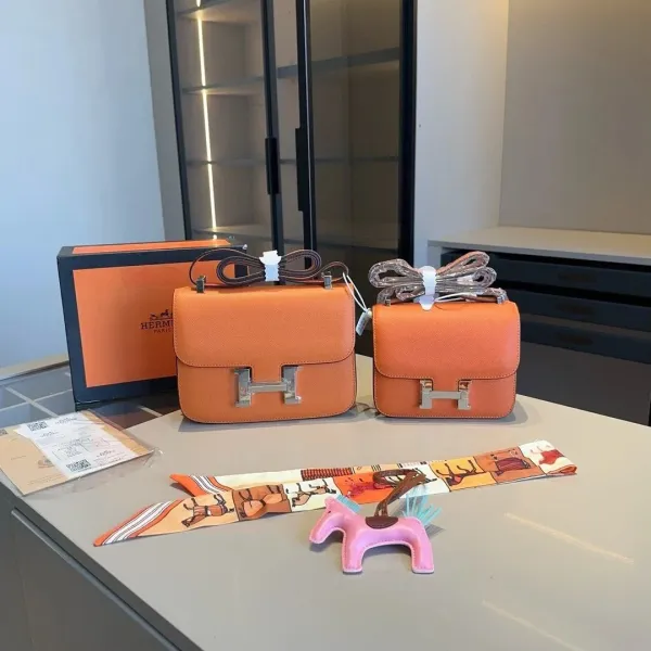 Hermès Constance Mini Orange Epsom Leather Shoulder Bags with Silk Scarf and Rodeo Charm - 1