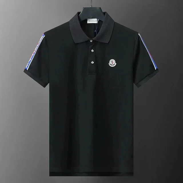 Moncler Shirts Short-sleeve polo shirt with logo patch and tricolor trim product detail image 2