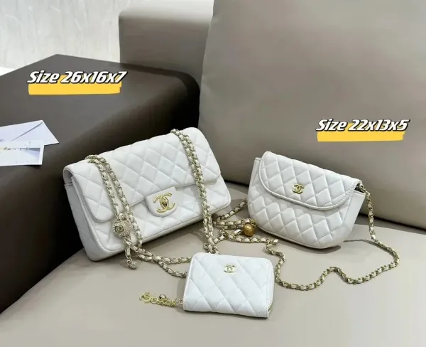 Chanel Classic Flap Bag White Quilted Leather Chain Shoulder Bag Set - 1