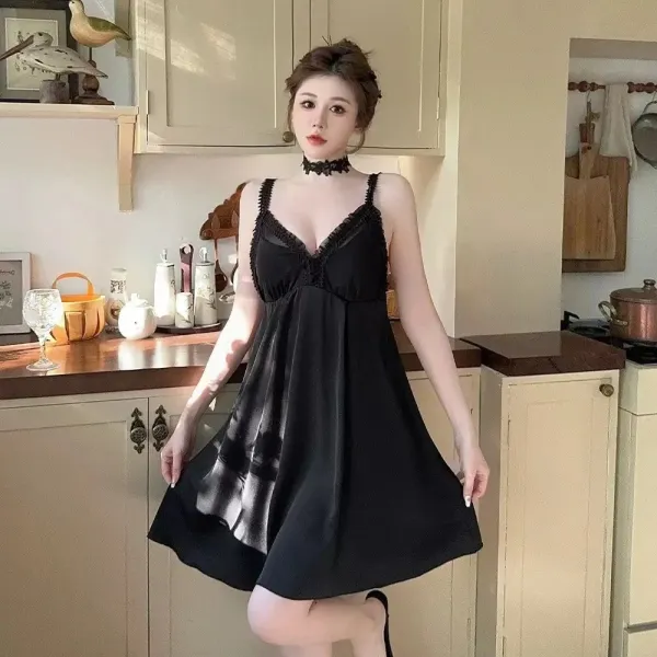 Black Lace Trim Slip Dress with Choker Necklace - 1