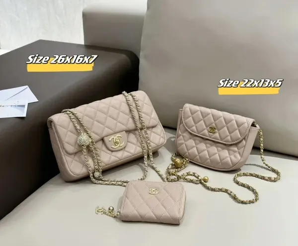 Chanel Classic Flap Bag Beige Quilted Leather Chain Bag Set - 1
