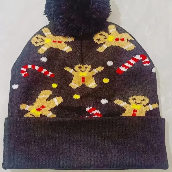 Design Gingerbread Candy Cane Print Beanie with Pom-Pom Black - 1