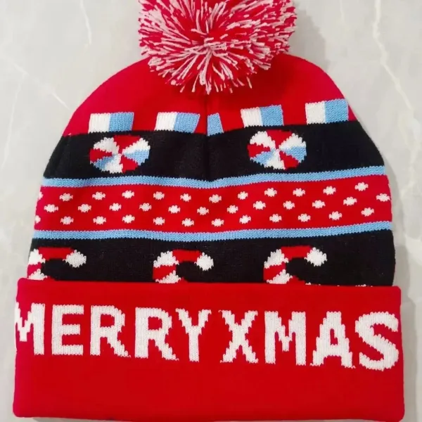 Design Festive Knit Beanie Red with Merry Xmas Text and Candy Cane Pattern - 1