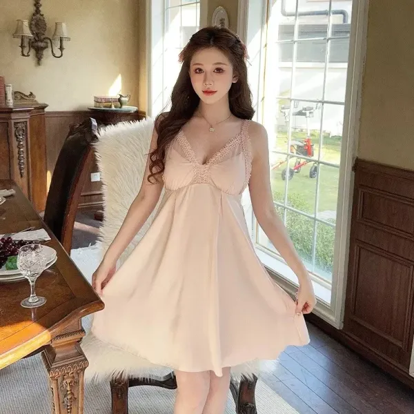 Lace-Trimmed Satin Slip Dress in Blush Pink - 1
