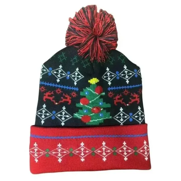 Ugly Christmas Sweater Beanie with Light-Up Tree and Pom-Pom Red/Black Beanie - 1