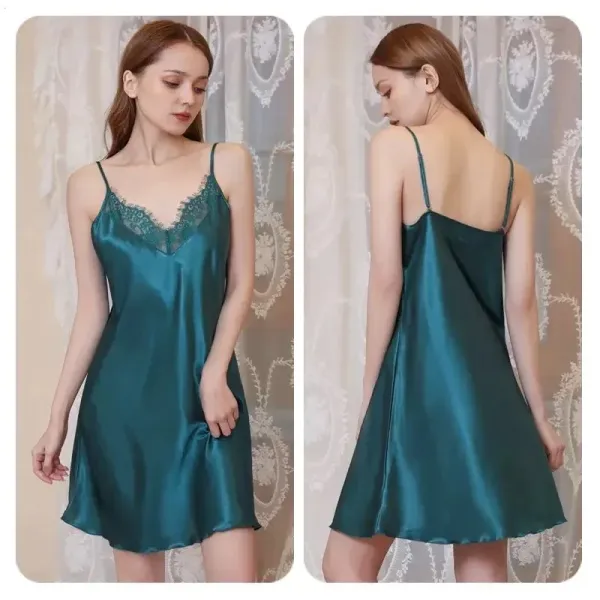 Emerald Green Lace-Trimmed Satin Slip Dress - 1
