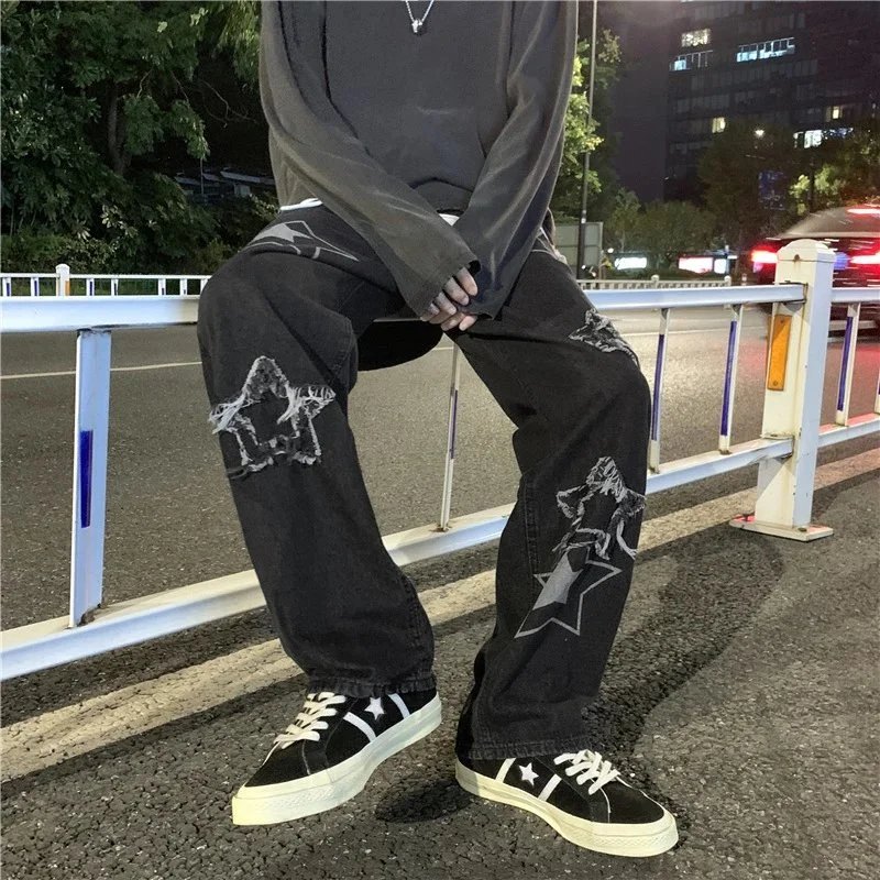 Star Print Distressed Denim Pa