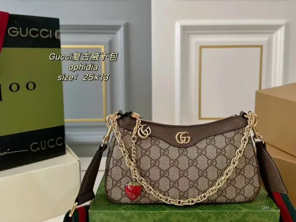 Gucci Ophidia Mini Shoulder Bag Beige Brown GG Monogram with Strawberry Charm - 1