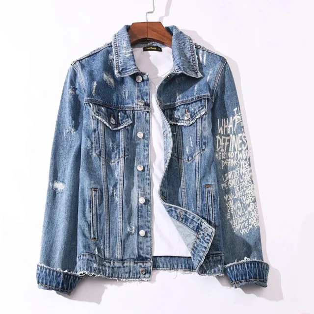 RenFeng Jackets Distressed Skull Graphic Denim Jacket product detail image 1