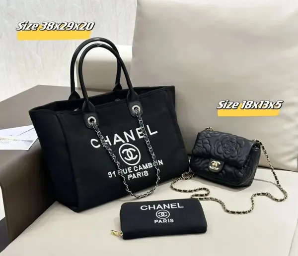 Chanel Deauville Tote Black Canvas Handbag with Chain Strap - 1