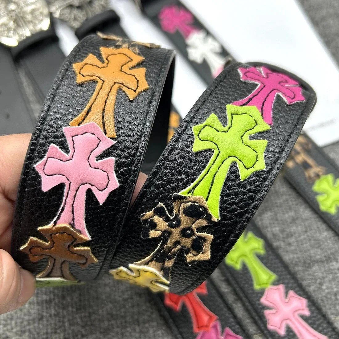 Ouyue Belts Black Belt with Multicolour Cross Appliques and Decorative Buckle image 2