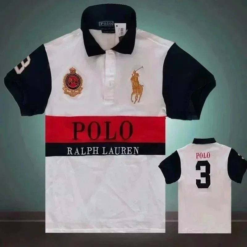 Polo Ralph Lauren Shirts City Embroidered Short-Sleeve Shirt with Number Graphic — Red and white polo shirt