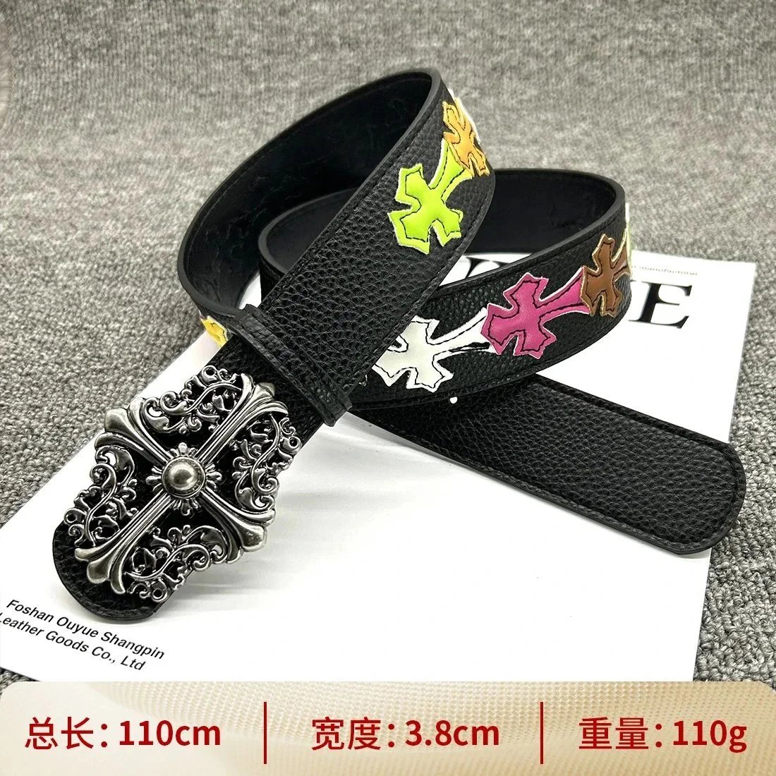 Ouyue Belts Black Belt with Multicolour Cross Appliques and Decorative Buckle — [Press-stud pattern 110cm] Colorful cross belt