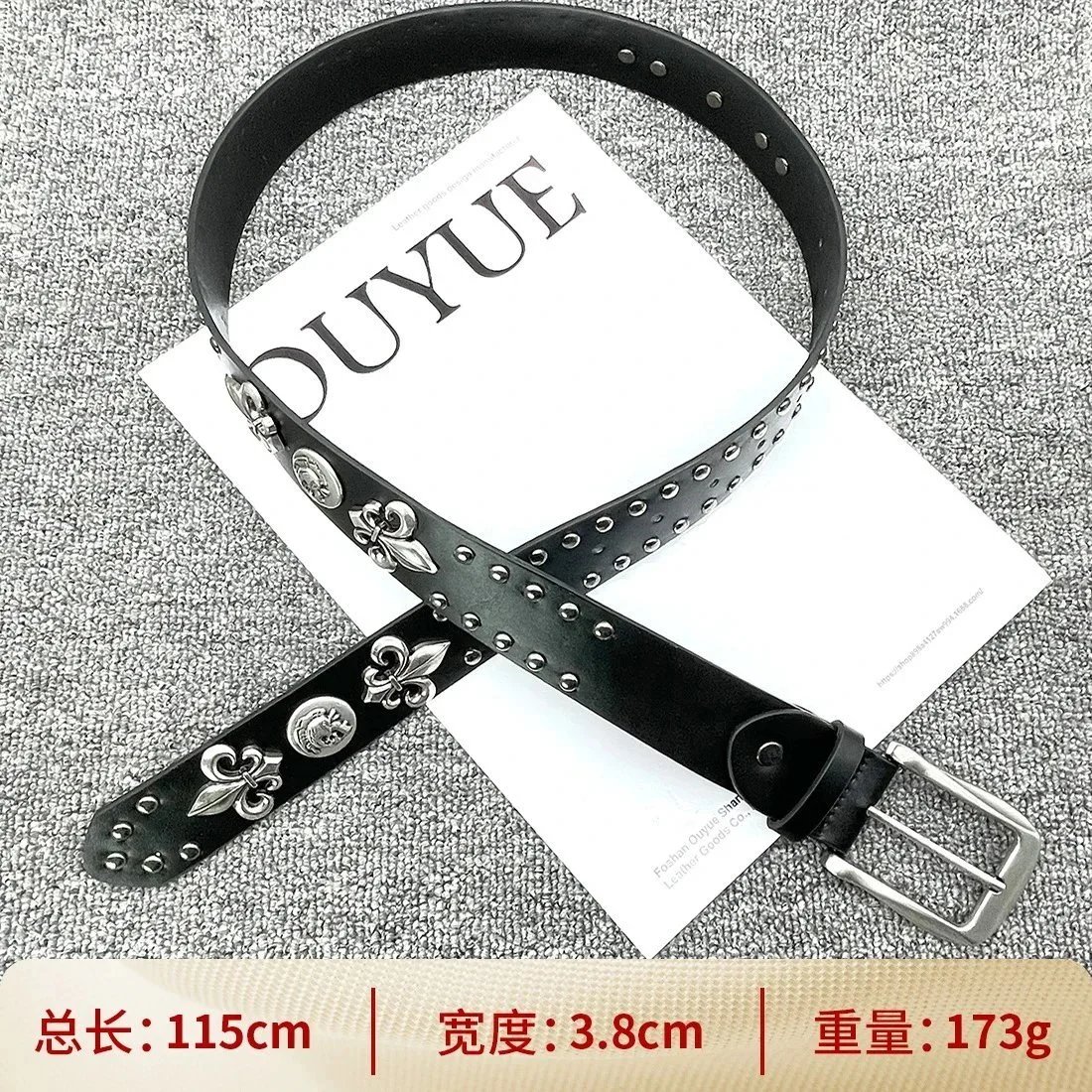 Ouyue Belts Black Belt with Multicolour Cross Appliques and Decorative Buckle — [Skull Double-Row Studs 115cm] Cross Belt