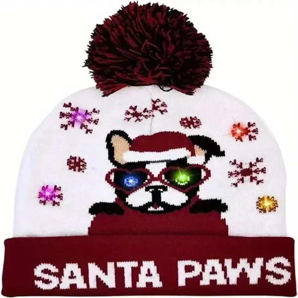 Santa Paws LED Light-Up Beanie White Burgundy - 1