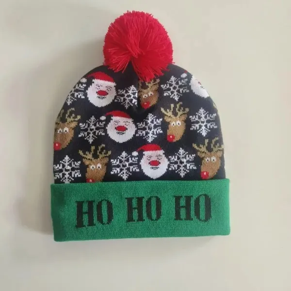 Holiday Print Beanie with Pom-Pom and 'HO HO HO' Cuff in Black, Green, Red - 1