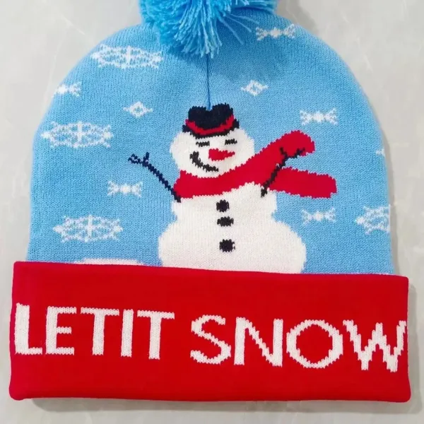 Let It Snow Knit Beanie with Snowman Motif Blue Red - 1