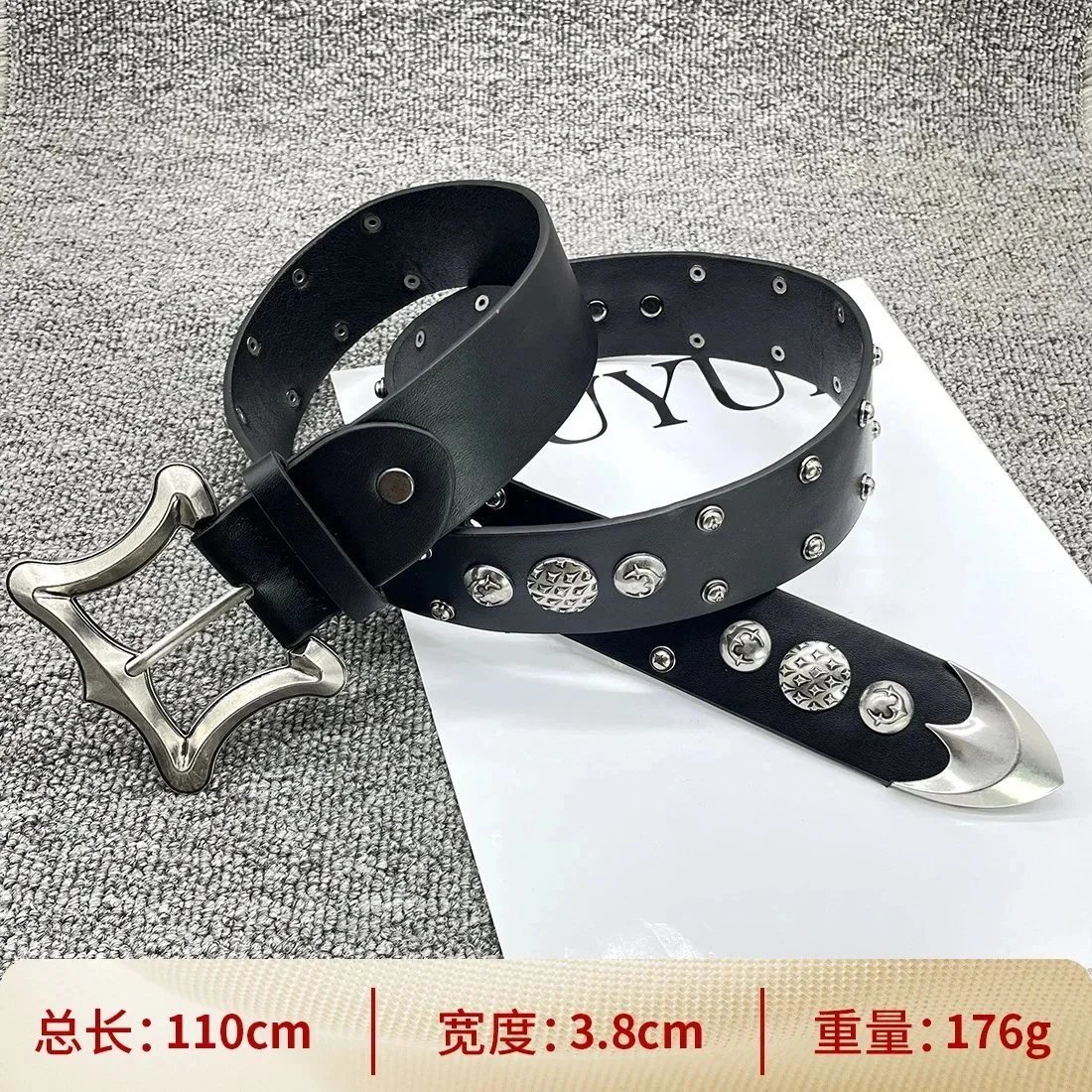 Ouyue Belts Black Belt with Multicolour Cross Appliques and Decorative Buckle — [Square-buckle double-row studs 108cm] Cross-shaped belt