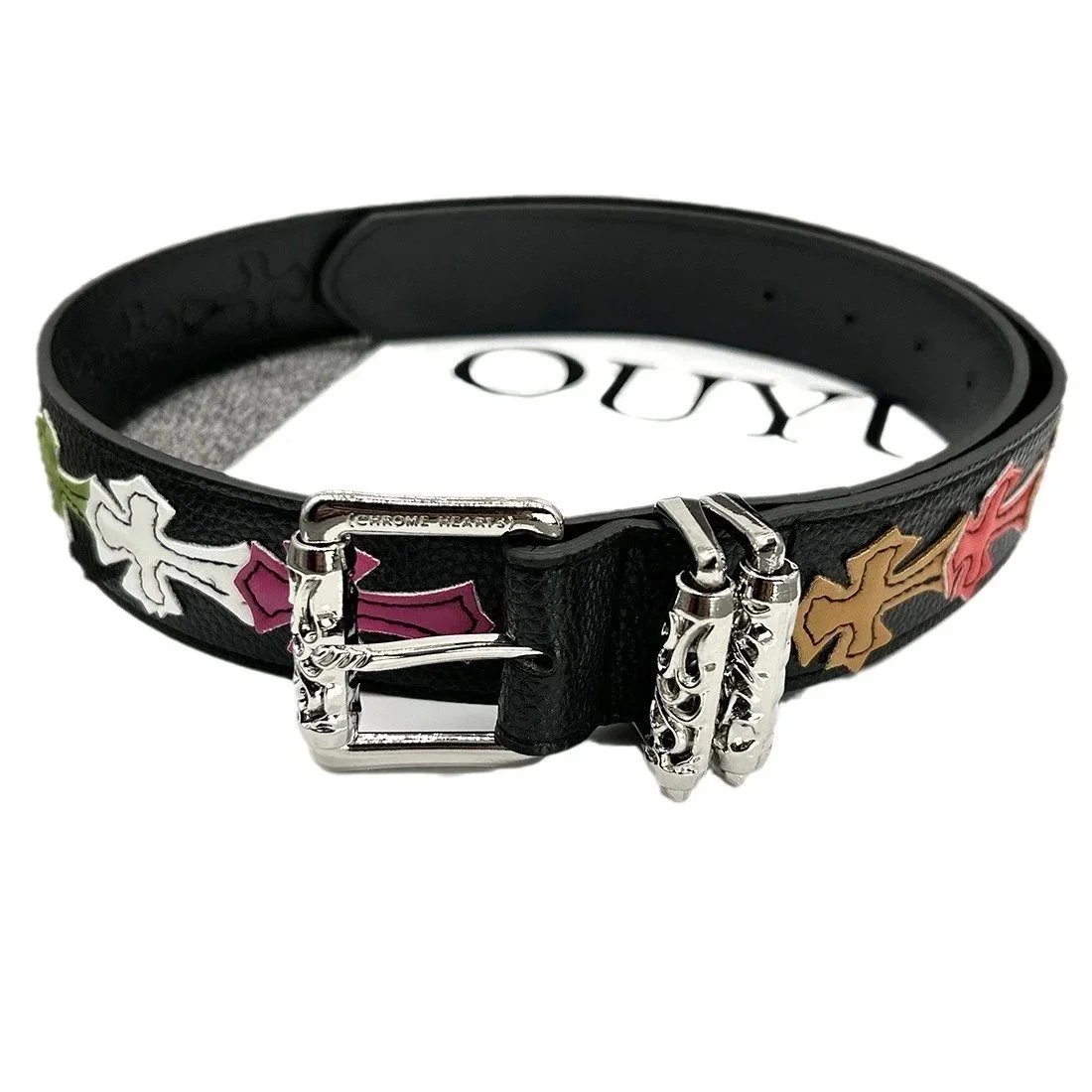 Ouyue Belts Black Belt with Multicolour Cross Appliques and Decorative Buckle image 5