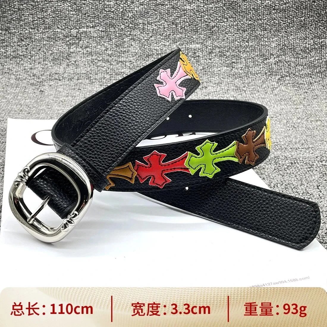 Ouyue Belts Black Belt with Multicolour Cross Appliques and Decorative Buckle — [Oval Pin Buckle 110cm] Colorful Cross Belt
