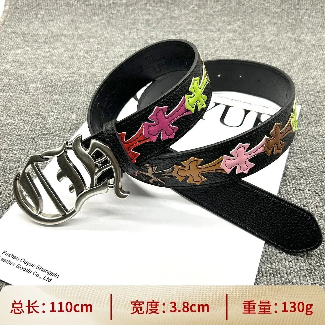 Ouyue Belts Black Belt with Multicolour Cross Appliques and Decorative Buckle — [Snap-button irregular 110cm] Colorful cross belt