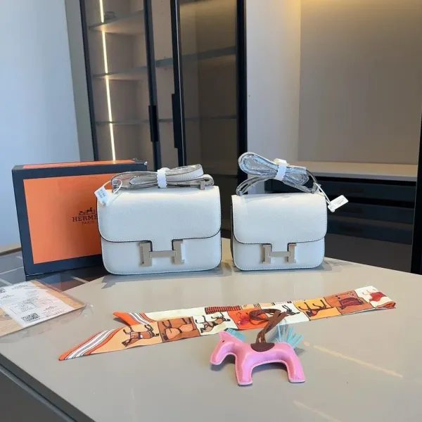 Hermès Constance Mini in Gris Clair Epsom Leather Shoulder Bags with Silk Scarf and Rodeo Charm - 1