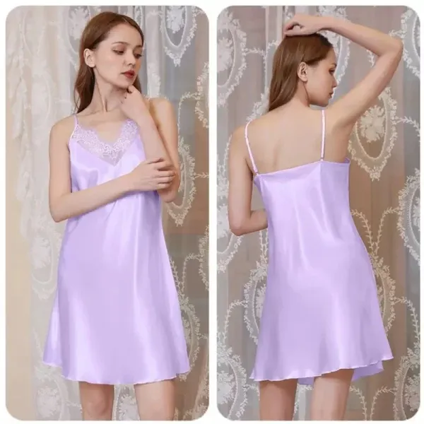 Lavender Satin Lace Trim Camisole Slip Dress - 1